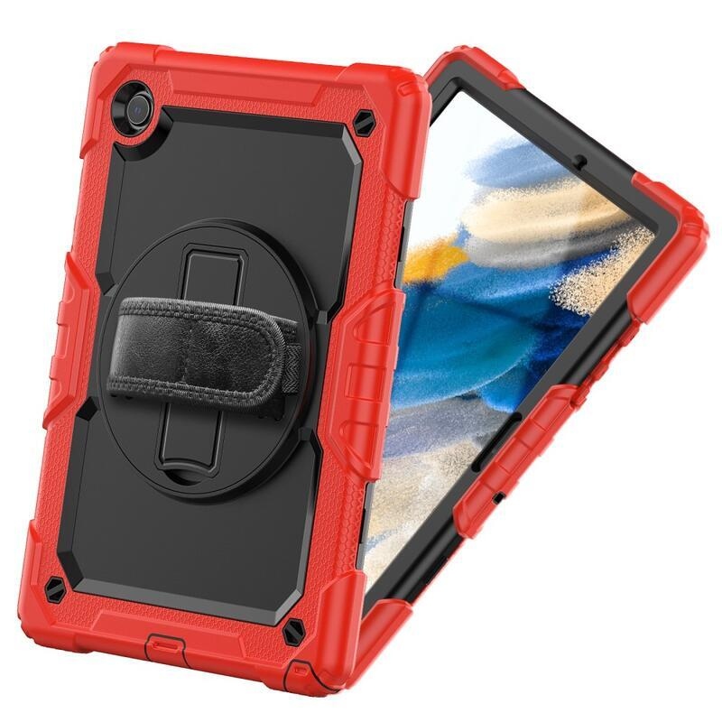 Méz hibrid tartós borító pánttal és kéztartóval Samsung Galaxy Tab A8 10.5 (2021) - fekete/piros