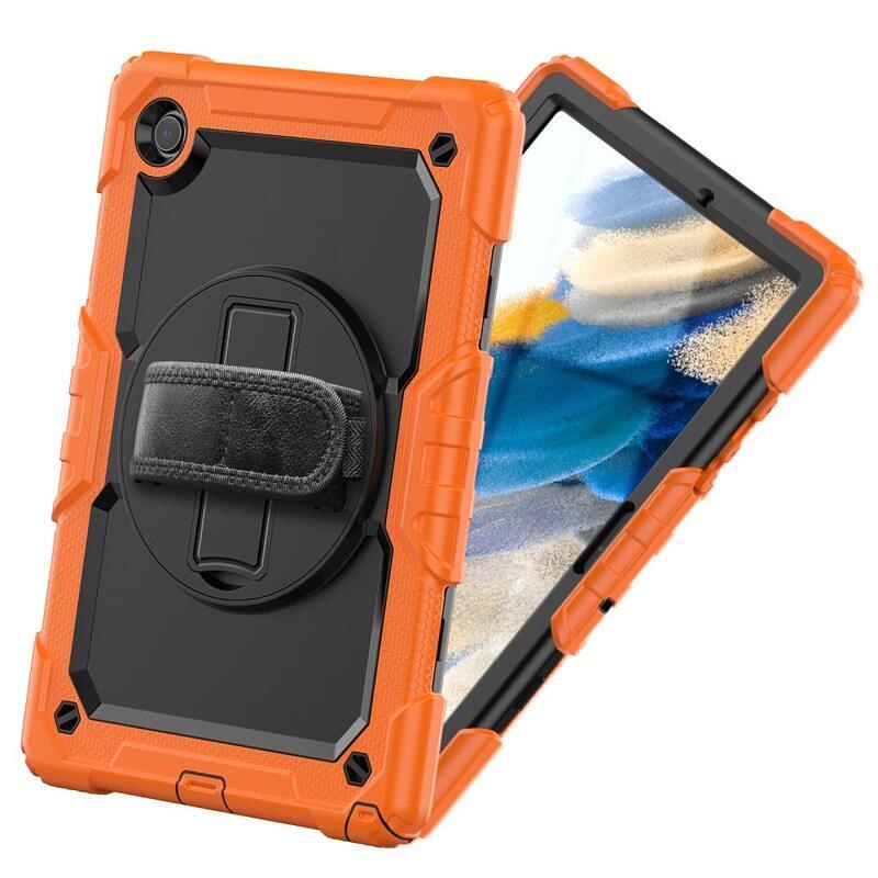 Méz hibrid tartós borító pánttal és kéztartóval Samsung Galaxy Tab A8 10.5 (2021) táblagéphez - fekete/narancs