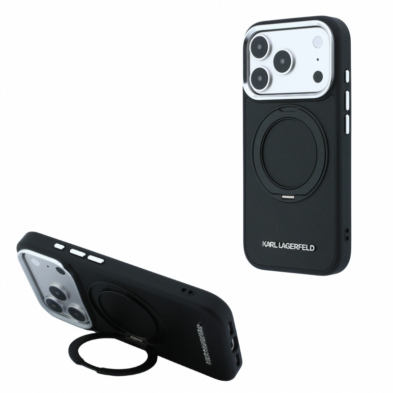 Karl Lagerfeld PU Saffiano gyűrűs állványos MagSafe hátsó tok iPhone 18 Pro-hoz, fekete