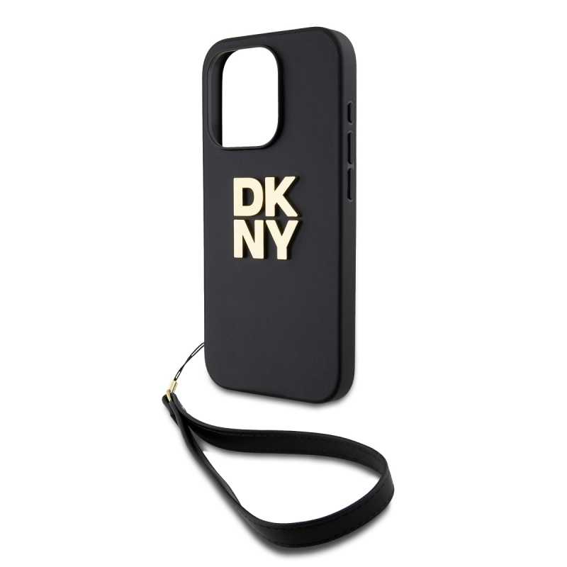 DKNY PU bőr Stack Logo csuklópánt hátlapi borító iPhone 14 Pro Max-hoz Fekete