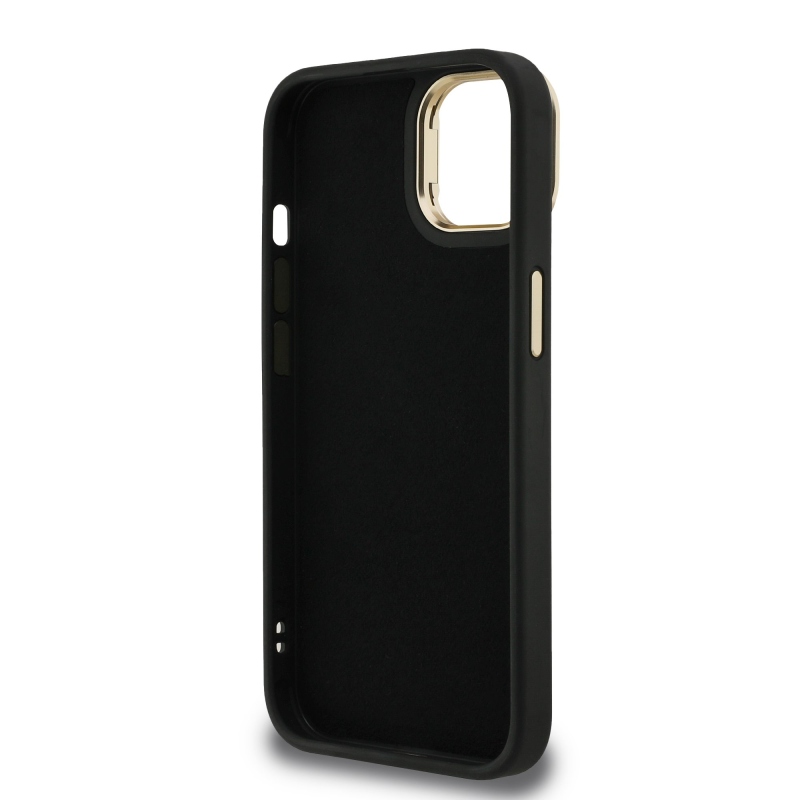 Guess PU 4G fém logó állvány kamera keret hátsó borító iPhone 13-hoz Fekete