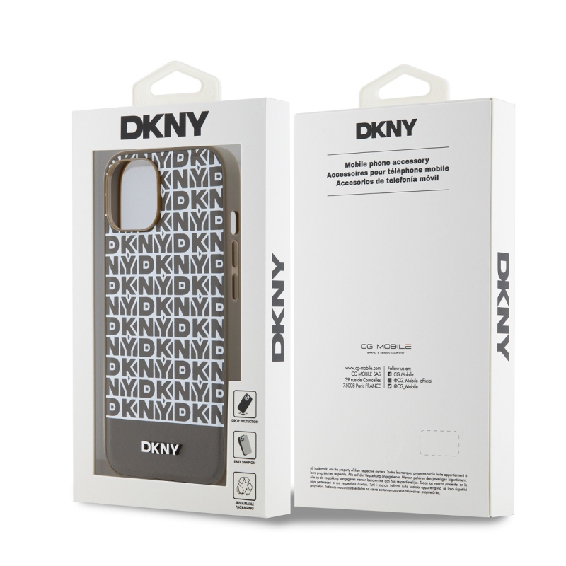 DKNY PU bőr ismétlődő mintás alsó csíkos MagSafe hátlap iPhone 14 barna 14-hez