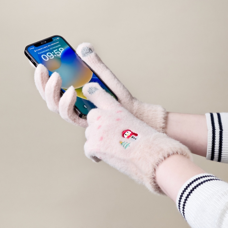 Női téli kesztyű telefonnyílással, hóemberrel és karácsonyfával – bézs