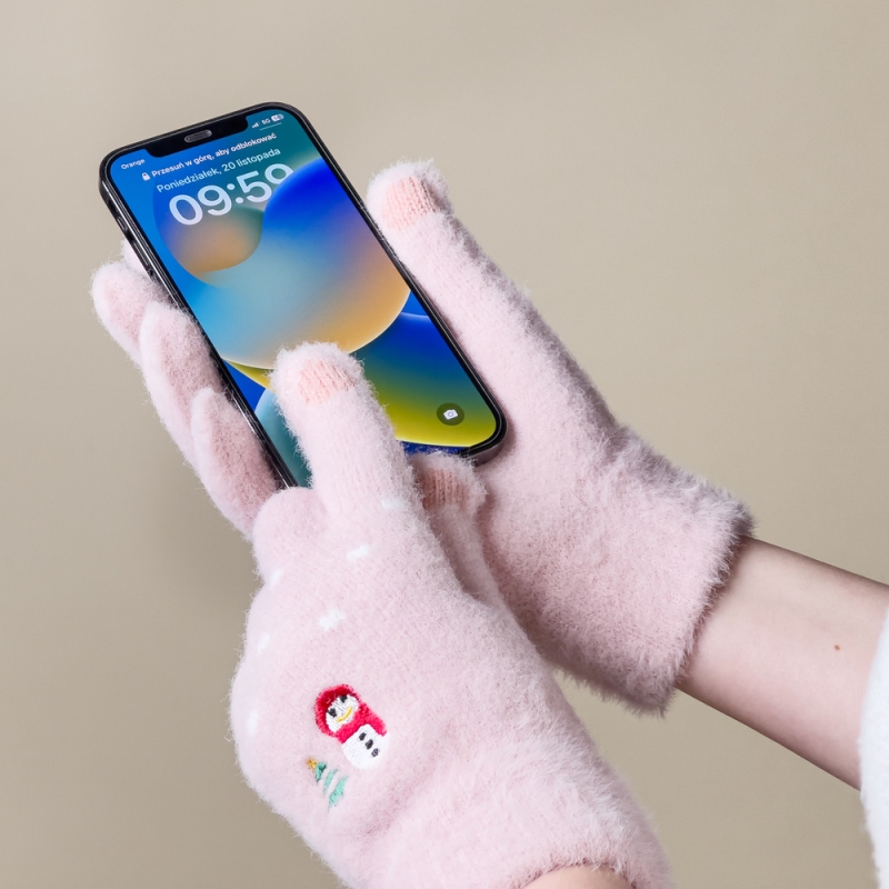 Női téli kesztyű telefonnyílással, hóemberrel és karácsonyfával – rózsaszín