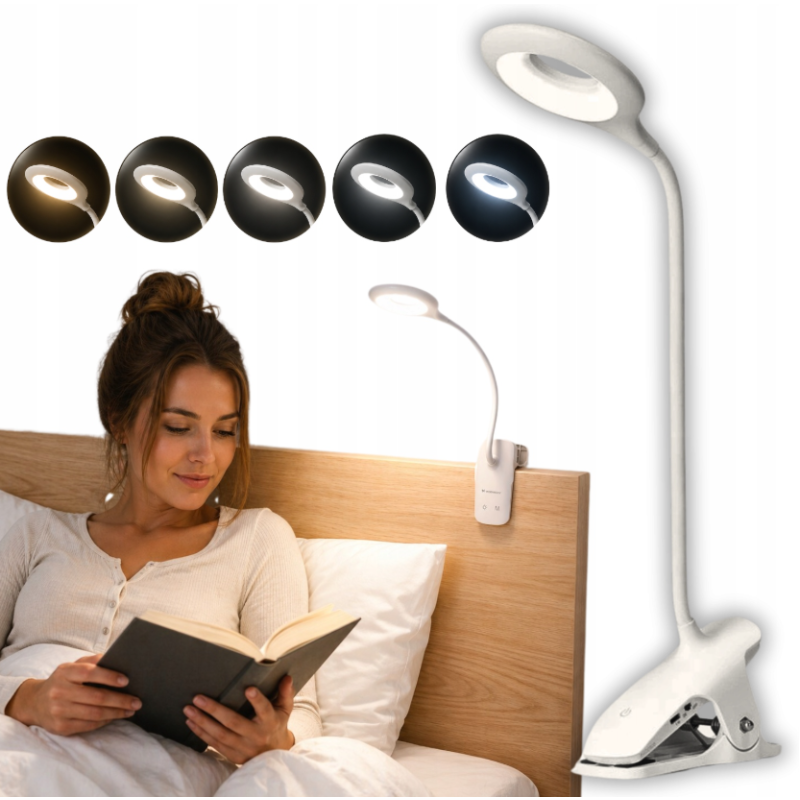 Mini Wozinsky vezeték nélküli LED olvasólámpa kapcsokkal + USB-C kábellel – fehér