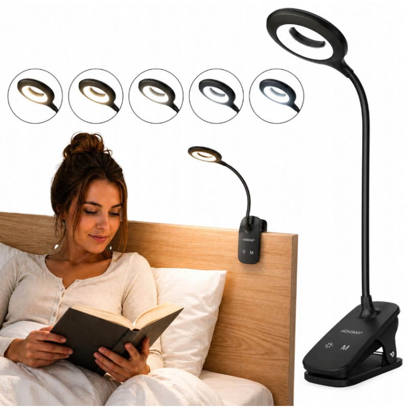 Mini Wozinsky vezeték nélküli LED olvasólámpa kapcsokkal + USB-C kábel – fekete