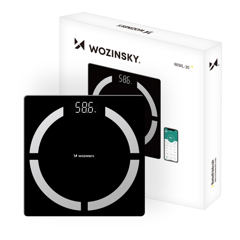 Wozinsky WIWL-30 intelligens Bluetooth-mérleg a fürdőszobába – fekete