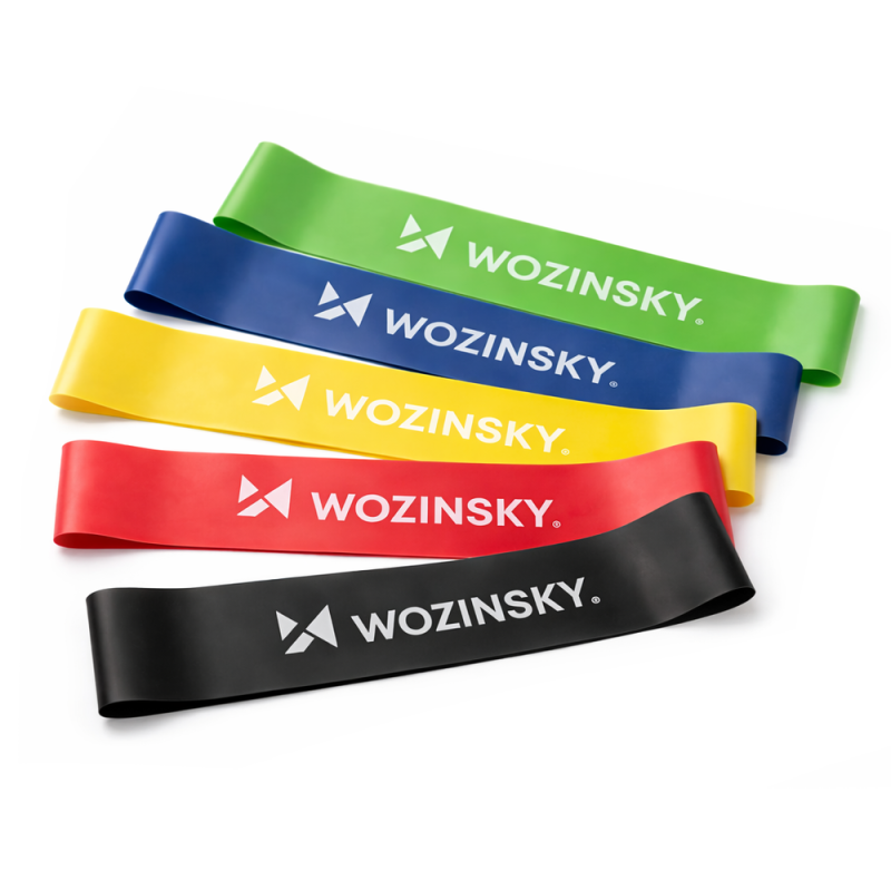 Wozinsky WGO-5 ellenállásgumikból álló edzőkészlet (Mini Bands), 5 db, különböző keménységű