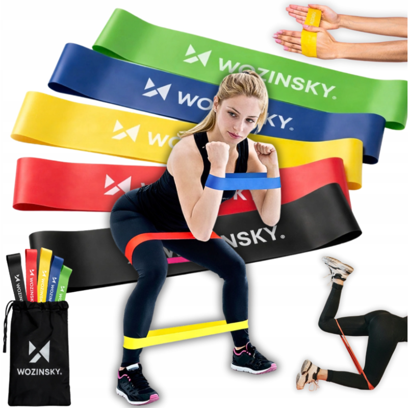 Wozinsky WGO-5 ellenállásgumikból álló edzőkészlet (Mini Bands), 5 db, különböző keménységű