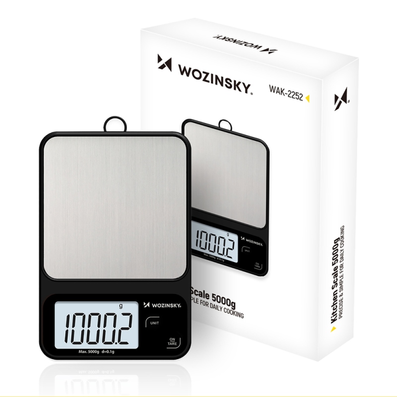 Wozinsky WAK-2252 konyhai mérleg, nagy pontossággal és nagy LCD-kijelzővel, terhelhetősége akár 5 kg – fekete