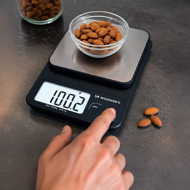 Wozinsky WAK-2252 konyhai mérleg, nagy pontossággal és nagy LCD-kijelzővel, terhelhetősége akár 5 kg – fekete