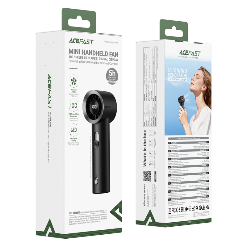 Acefast YF1 Mini kézi ventilátor LED-kijelzővel és fokozatmentes légáram-szabályozással – fekete