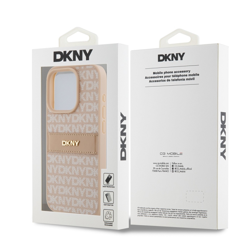 DKNY PU bőr ismétlődő mintás tonális csíkos hátlapi borító iPhone 15 Pro rózsaszínhez