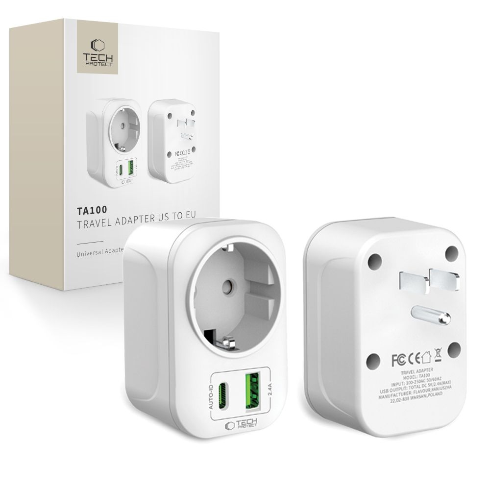 Tech-Protect TA100 EU-USA utazóadapter USB-C és USB-A csatlakozóval