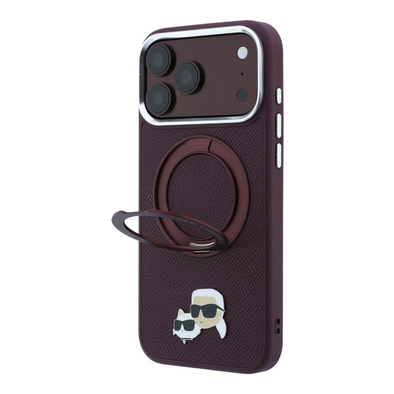 Karl Lagerfeld PU Grained K&CH Heads Ring Stand Magsafe hátsó tok iPhone 18 Pro Max-hoz, bordó