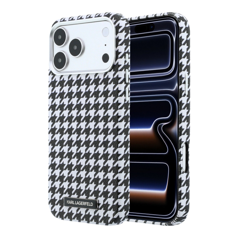 Karl Lagerfeld PU Houndstooth gyantalemez MagSafe hátlapi borító iPhone 17 Pro Max-hoz Fekete