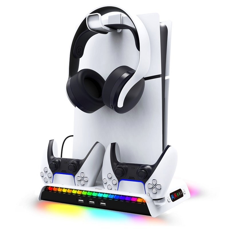 iPega P5S006 Többfunkciós újratölthető RGB állvány hűtéssel a PS5 Slim fehér színhez