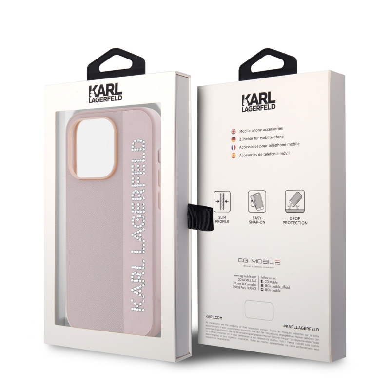 Karl Lagerfeld PU Saffiano strasszos varázslatos hátsó borító iPhone 15 Pro Max rózsaszínhez