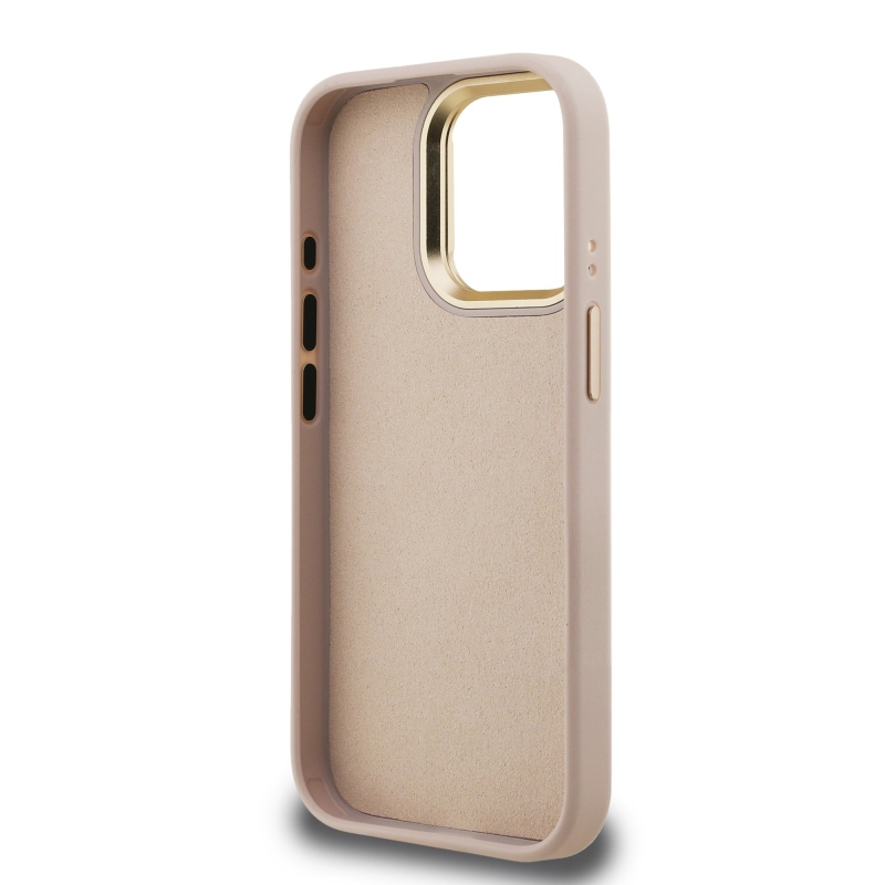 Guess PU 4G fém logó állvány kamera keret hátlapja iPhone 15 Pro rózsaszínhez