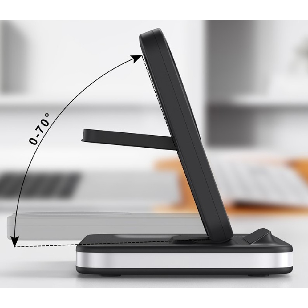 E16 Összecsukható Vezeték Nélküli Töltőállomás 3 az 1-ben Éjszakai Fénnyel - Fekete