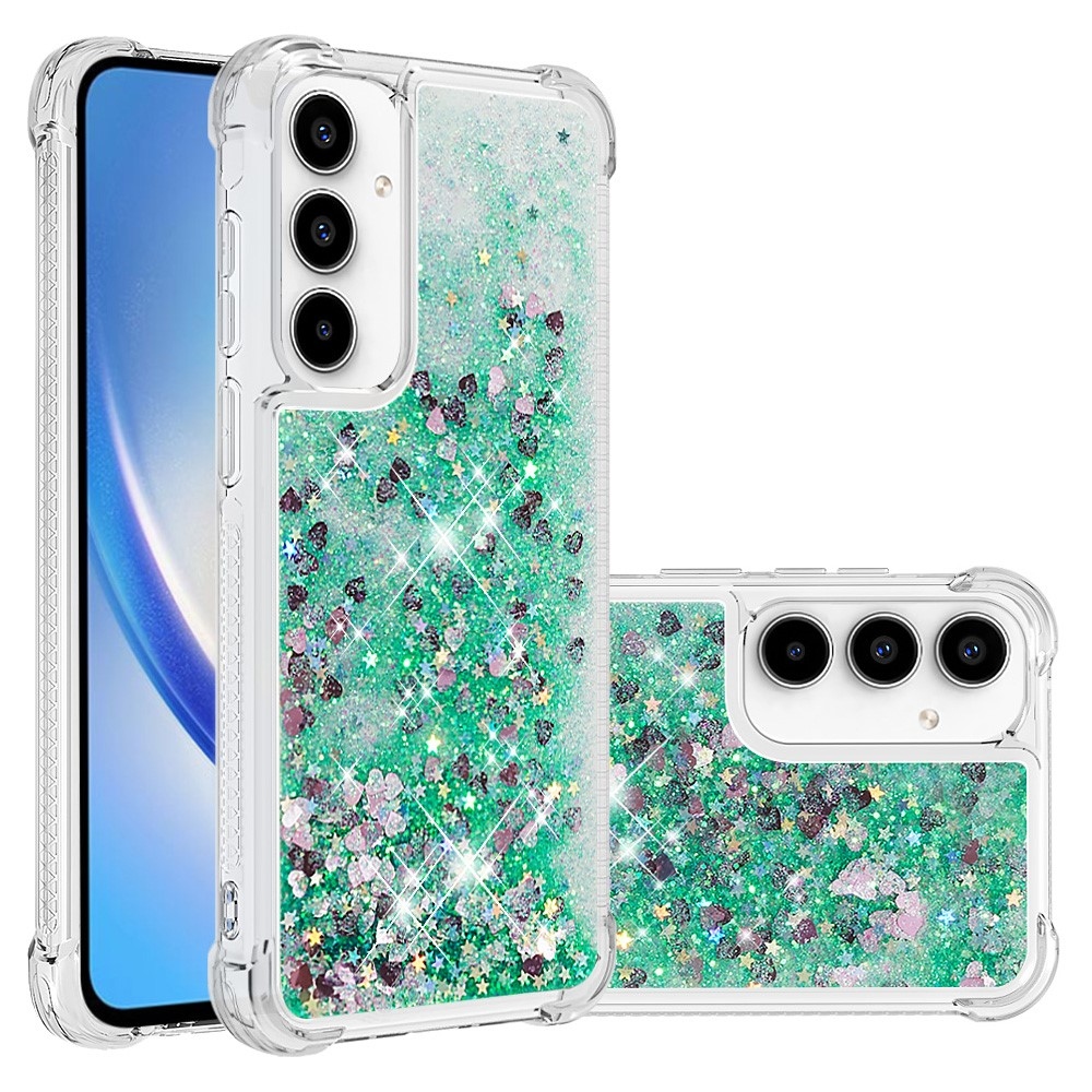 Glitter zselés homokóra hüvely Samsung Galaxy A55 5G - zöld/szívek