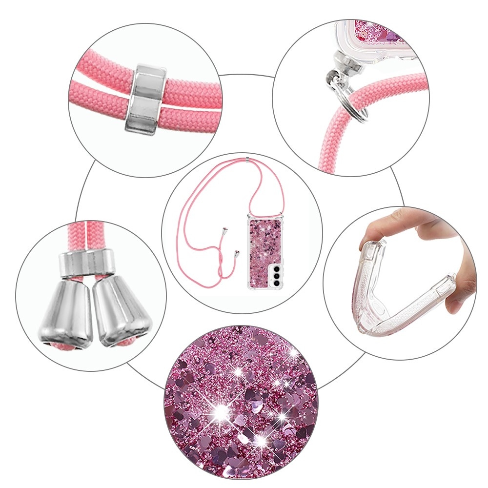 Csillogó homokóra zselés tok húzózsinórral Samsung Galaxy A56 5G - rózsaarany/szív