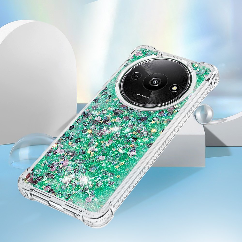 Glitter zselés homokóra tok Xiaomi Redmi A3-hoz - zöld/szívek
