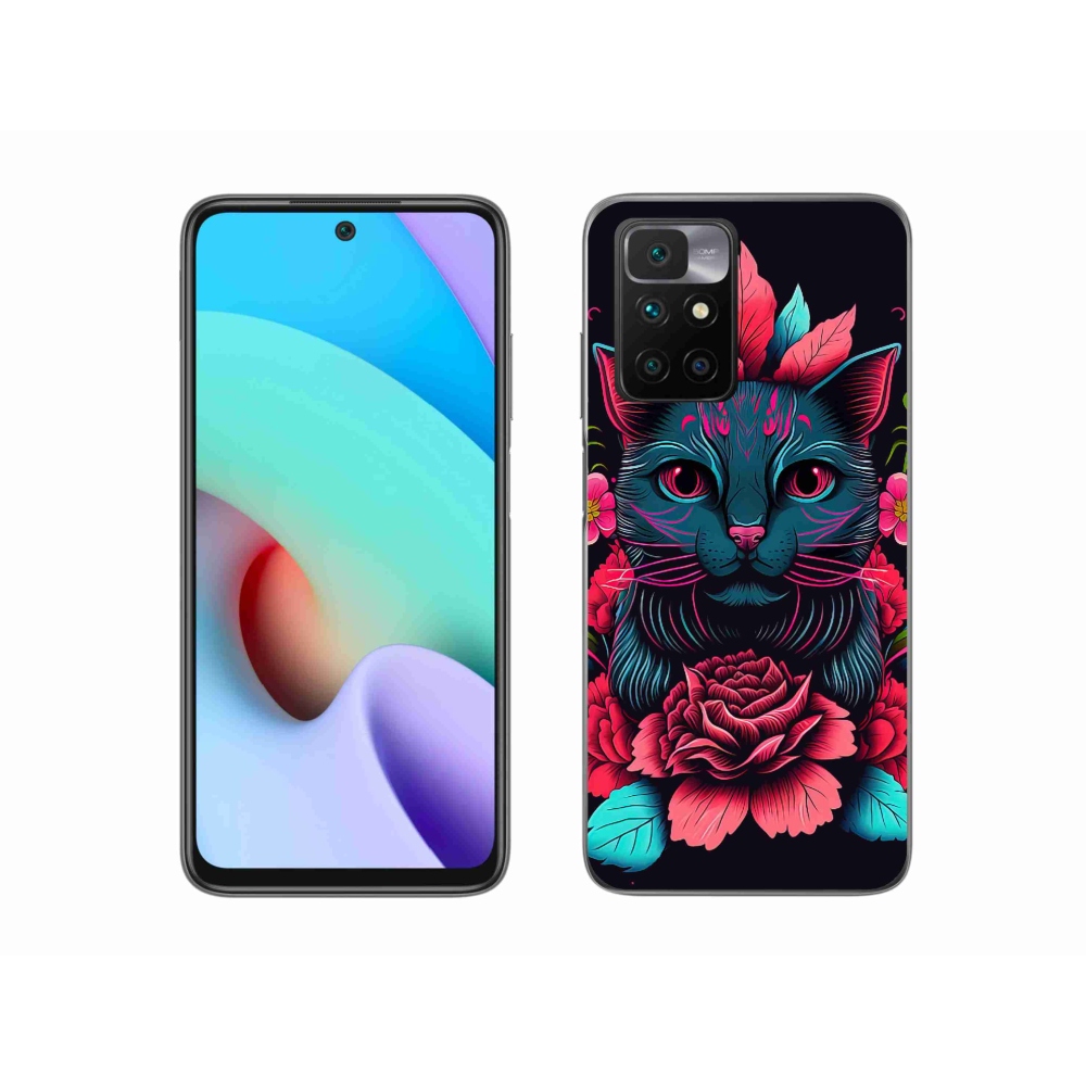Gél borító mmCase a Xiaomi Redmi 10/Redmi 10 (2022) - virágok és macska