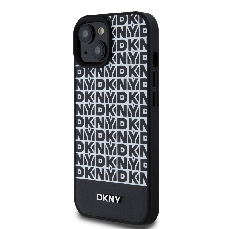 DKNY PU bőr ismétlődő mintás alsó csíkos MagSafe hátlap iPhone 15 Fekete