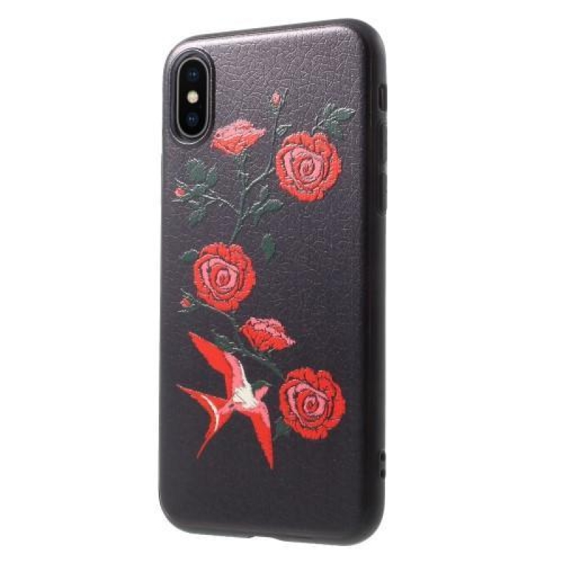 Ider zselés tok PU bőrrel borított iPhone X készülékhez - rózsa és madár
