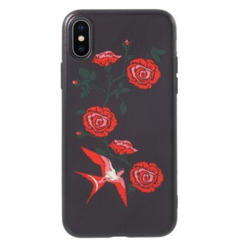 Ider zselés tok PU bőrrel borított iPhone X készülékhez - rózsa és madár