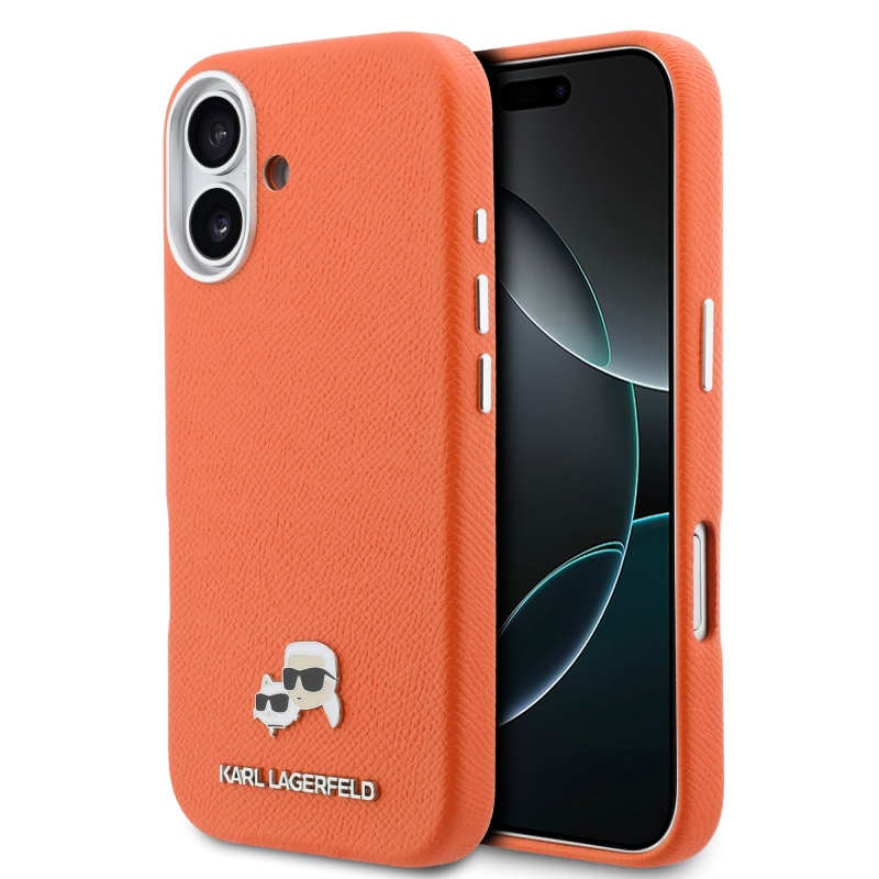 Karl Lagerfeld PU Karl és Choupette fejek tűk MagSafe hátlap iPhone 17 narancssárga borítóhoz