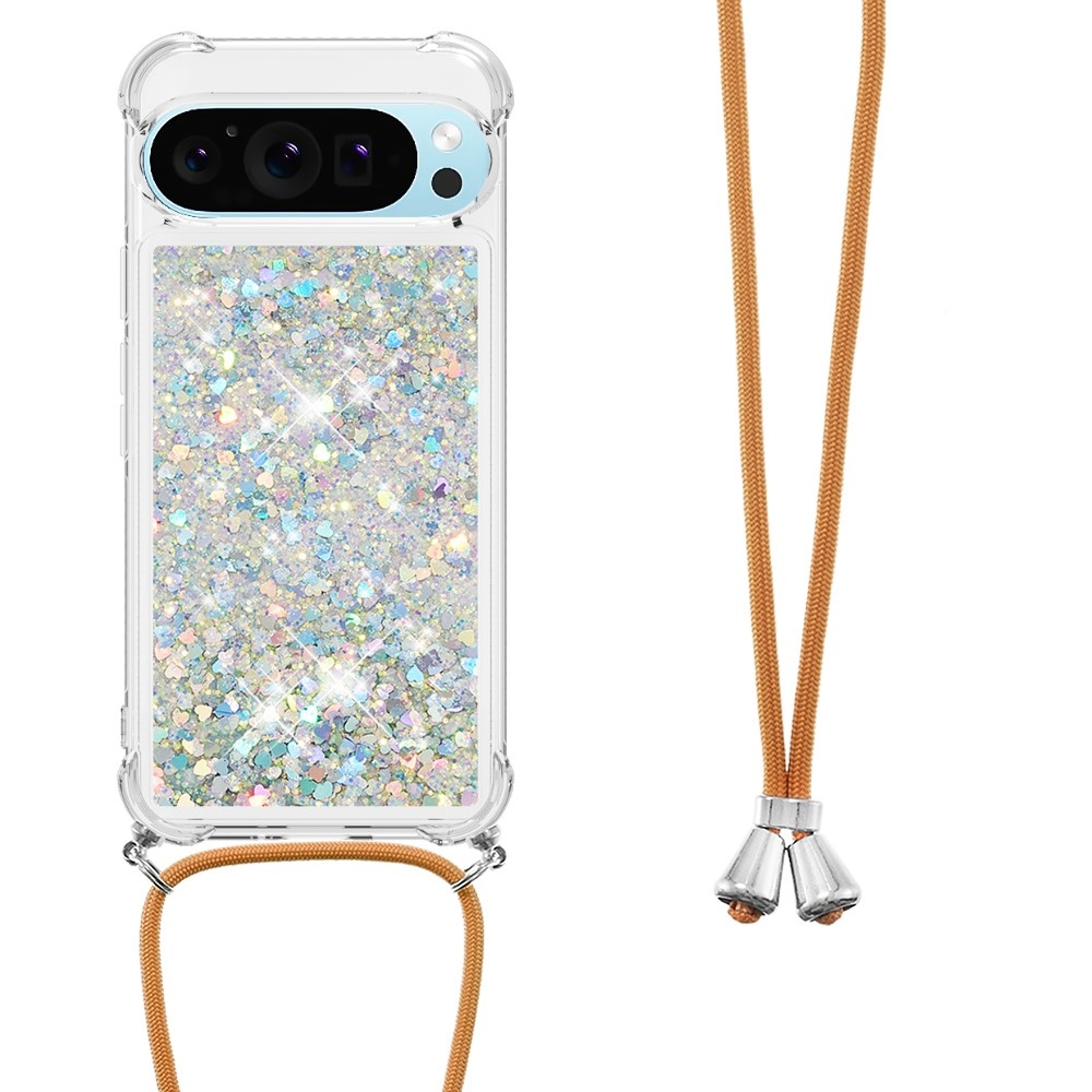 Csillogó homokóra zselés tok zsinórral a Google Pixel 10 Pro/Pixel 10 számára - ezüst/szívecske