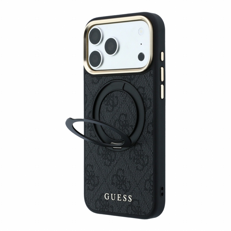 Guess PU 4G Ring Stand MagSafe hátlap az iPhone 18 Pro-hoz, fekete