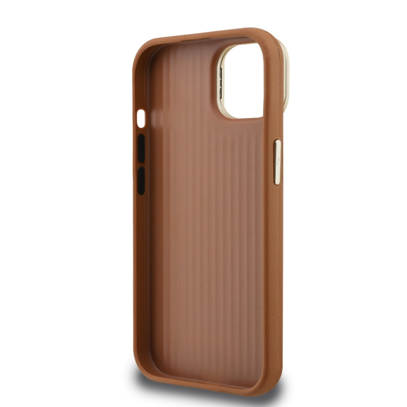 Guess PU szemcsés 4G Logo Stand Kamera keret hátlapi borító iPhone 14 barna Brownhoz