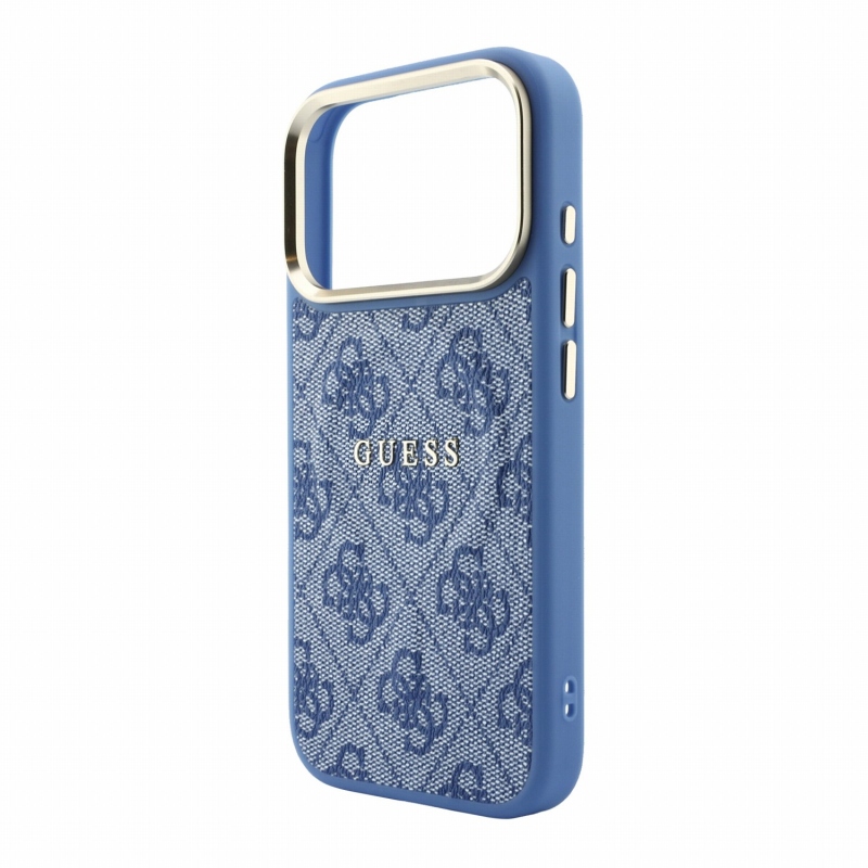 Guess PU bőr 4G aranykeretes, dombornyomott MagSafe hátsó tok iPhone 18 Pro-hoz, kék