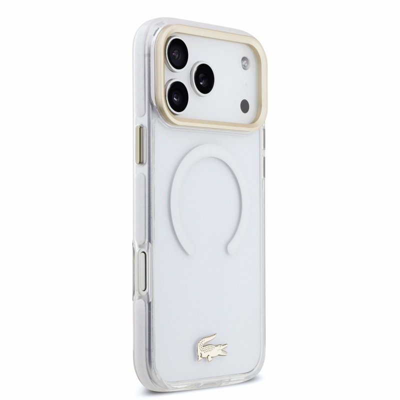 Lacoste IML ütésálló Petit Pique arany logós MagSafe hátsó tok iPhone 18 Pro Max-hoz, átlátszó