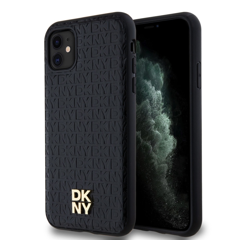 DKNY PU bőr Ismétlődő mintás Stack Logo Magsafe hátlap iPhone 11 Fekete