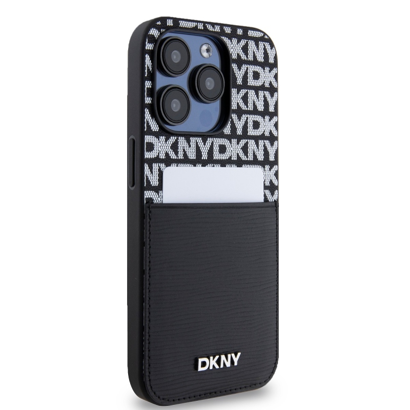 DKNY PU bőr Ismétlődő mintás kártya zseb hátsó borító iPhone 15 Pro Fekete