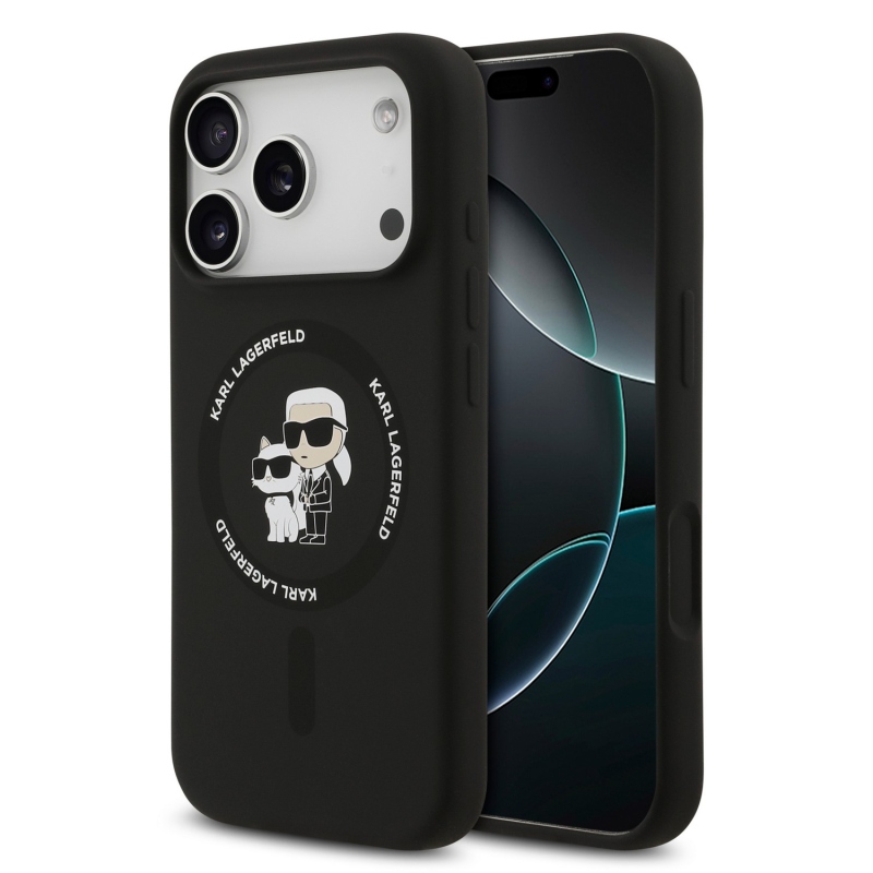 Karl Lagerfeld Liquid Silicone Karl és Choupette MagSafe hátsó tok iPhone 18 Pro Max-hoz, fekete