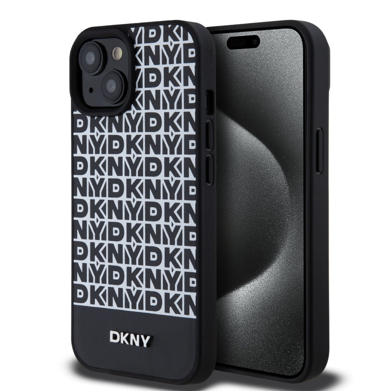 DKNY PU bőr ismétlődő mintás alsó csíkos MagSafe hátlap iPhone 15 Fekete