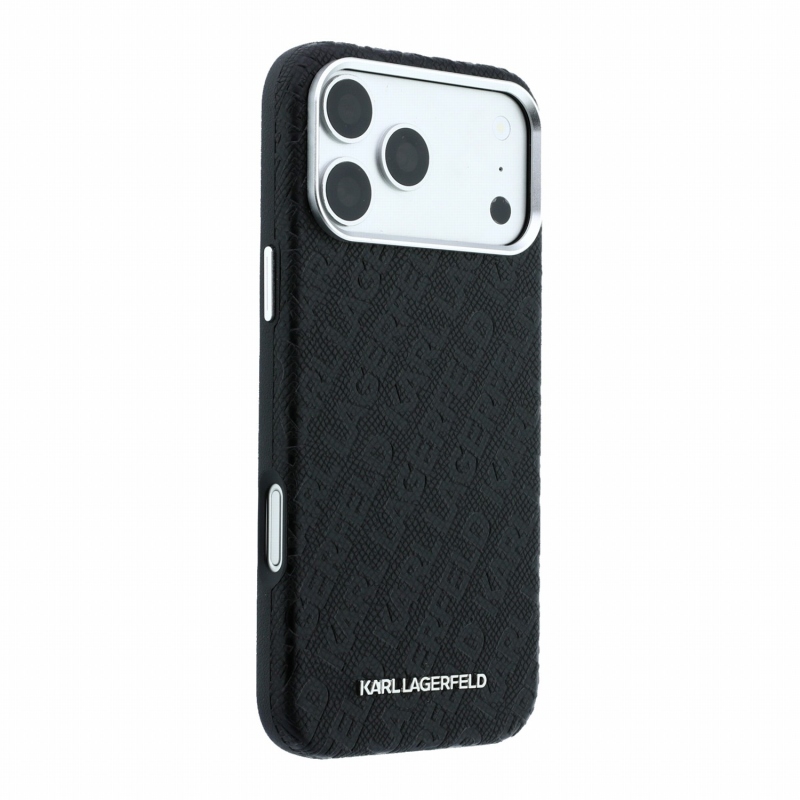 Karl Lagerfeld PU, szemcsés felületű, teljes felületet fedő, félig körbeérő Magsafe hátsó tok iPhone 18 Pro-hoz, fekete