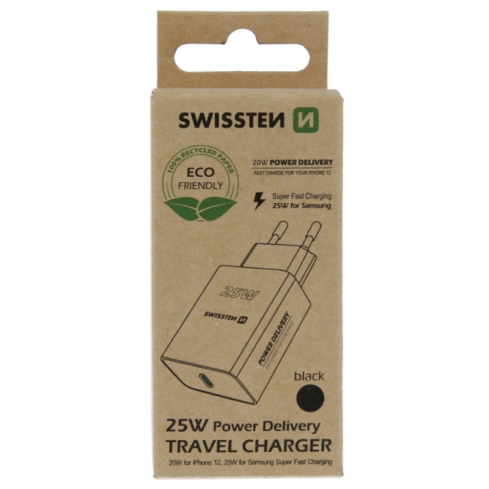 Swissten Power Adapter PD 25W iPhone és Samsung készülékhez (ECO csomag) - fekete