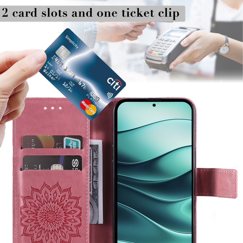 Napraforgó könyv tok a Xiaomi Redmi Note 14 5G-hez - rózsaszínű