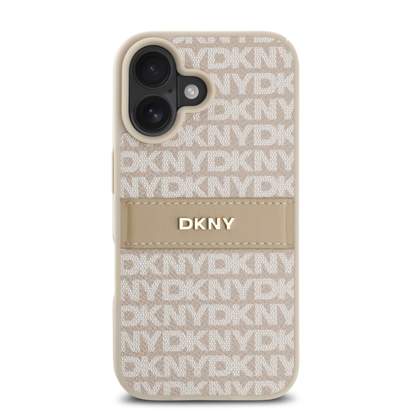 DKNY PU bőr ismétlődő mintás tonális csíkos hátlap iPhone 16 Plus rózsaszínű készülékhez