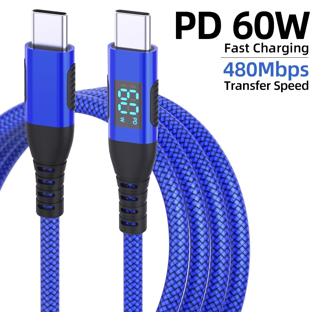 Nejlon USB-C / USB-C kijelzőkábellel 3m 60W - kék