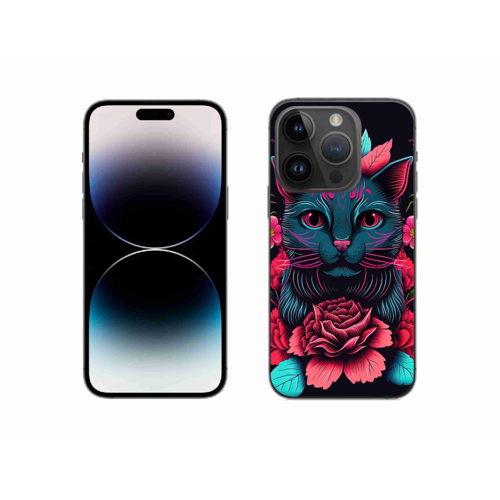 Gél borítás mmCase iPhone 14 Pro készülékhez - virágok és macska