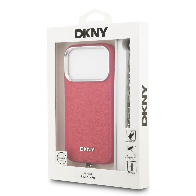 DKNY PU bőr fém logós csuklólánc MagSafe hátlap iPhone 17 Pro rózsaszínhez