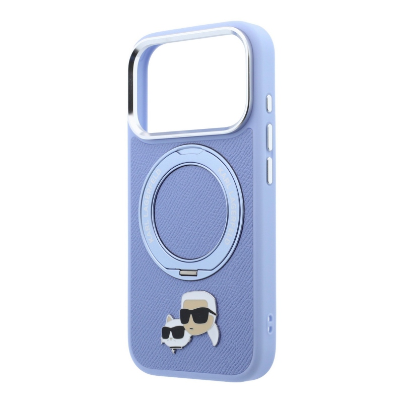Karl Lagerfeld PU Grained K&CH Heads Ring Stand Magsafe hátsó tok iPhone 18 Pro-hoz, kék