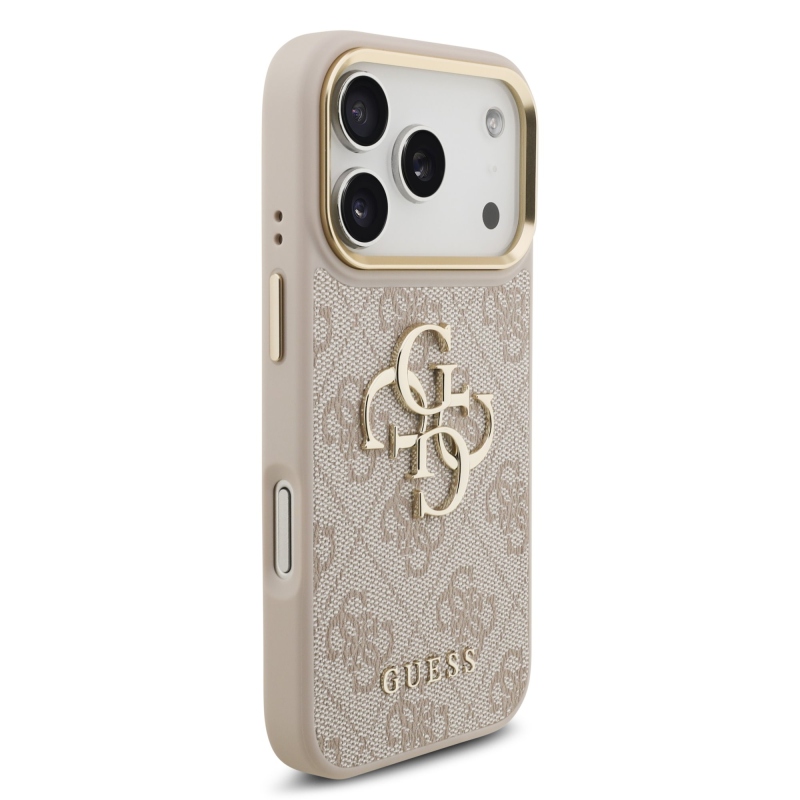 Guess PU bőr 4G fém logós, arany keretes hátsó tok iPhone 18 Pro-hoz, rózsaszín